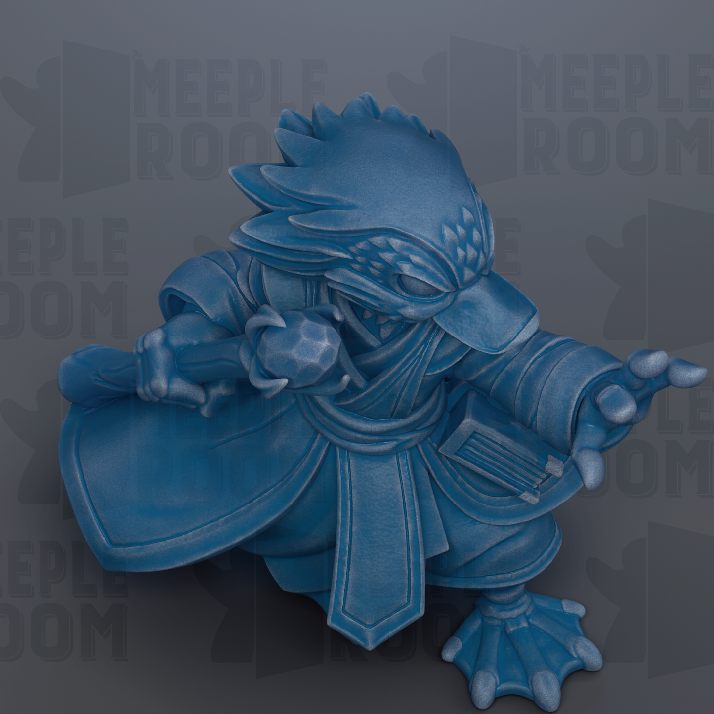 A blue, stylized figurine of a bird-like creature with a pointed beak and sharp claws, standing on one leg and holding a small object in its hand.