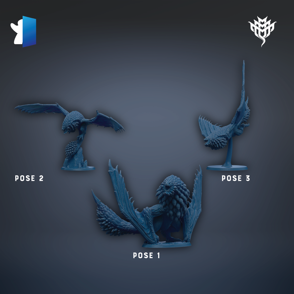 three blue figurines of fantastical creatures, each with different poses, arranged against a dark background.