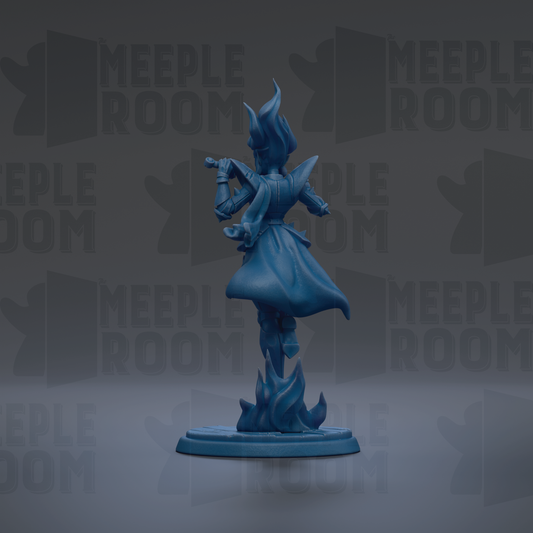 A blue figurine of a person with a flowing cape and a sword stands on a base, with the text "MEUPLE ROOM" repeated in the background.