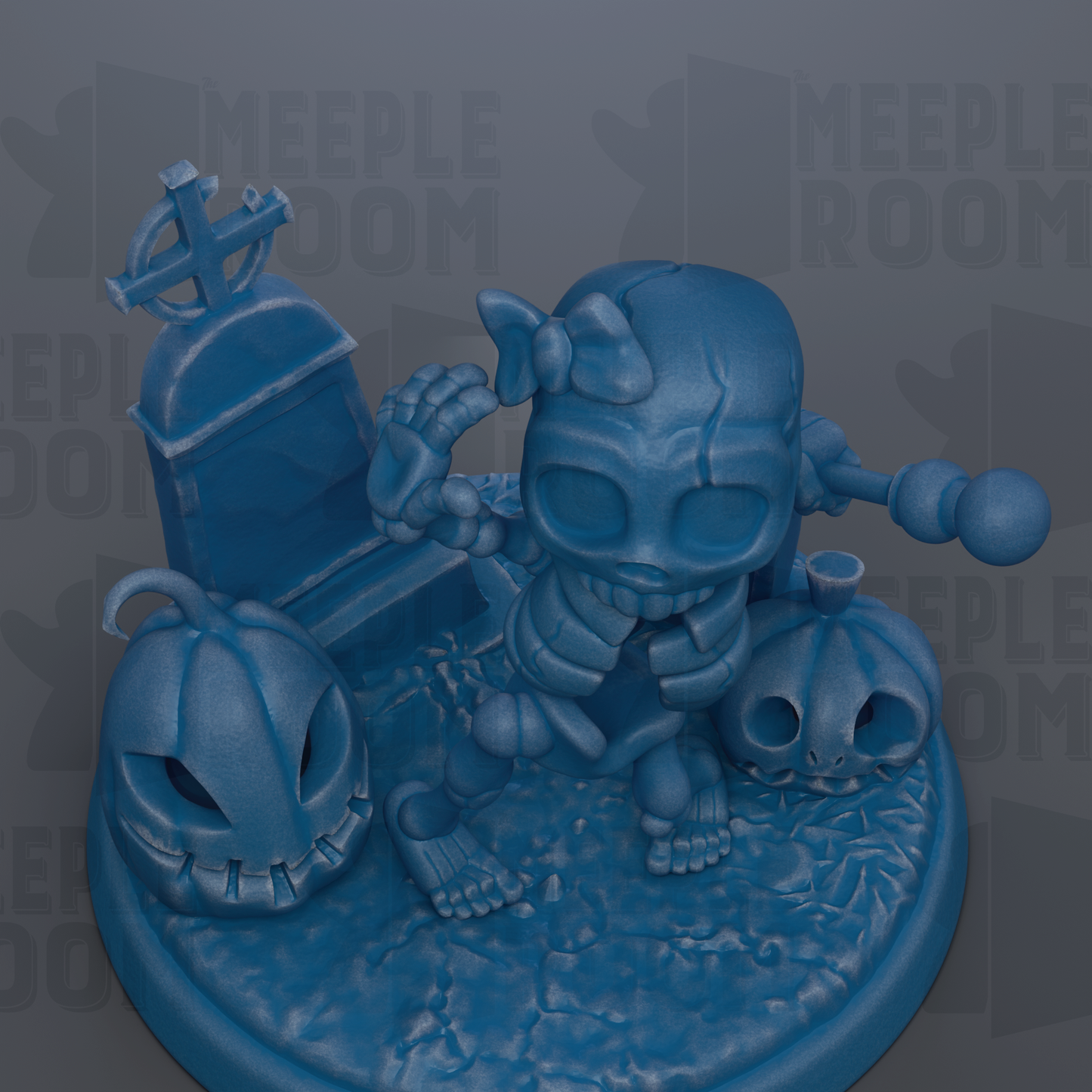 A 3D rendering of a skeleton figure with a skull and pumpkins, set against a dark background with the text "MEIPLE ROOM" repeated multiple times.