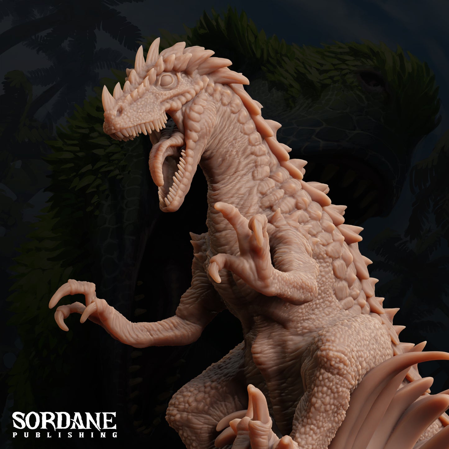A detailed 3D rendering of a large, menacing-looking dinosaur with sharp teeth and claws, standing in a dark, forest-like environment.
