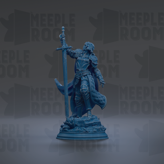A blue statue of a knight holding a sword and shield, standing on a pedestal.