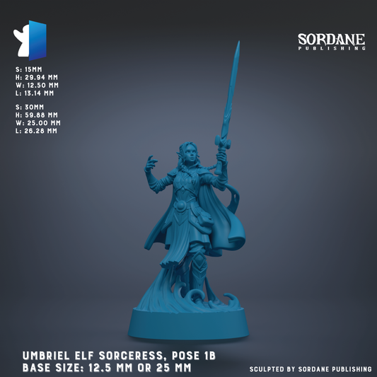 a figurine of an elf witch, specifically Umbriel, who is holding a sword. The figurine is in a pose that suggests it is ready for battle or a magical act. The base size of the figurine is 12.5 mm or 25 mm, depending on the perspective. The image is published by Sordane Publishing.