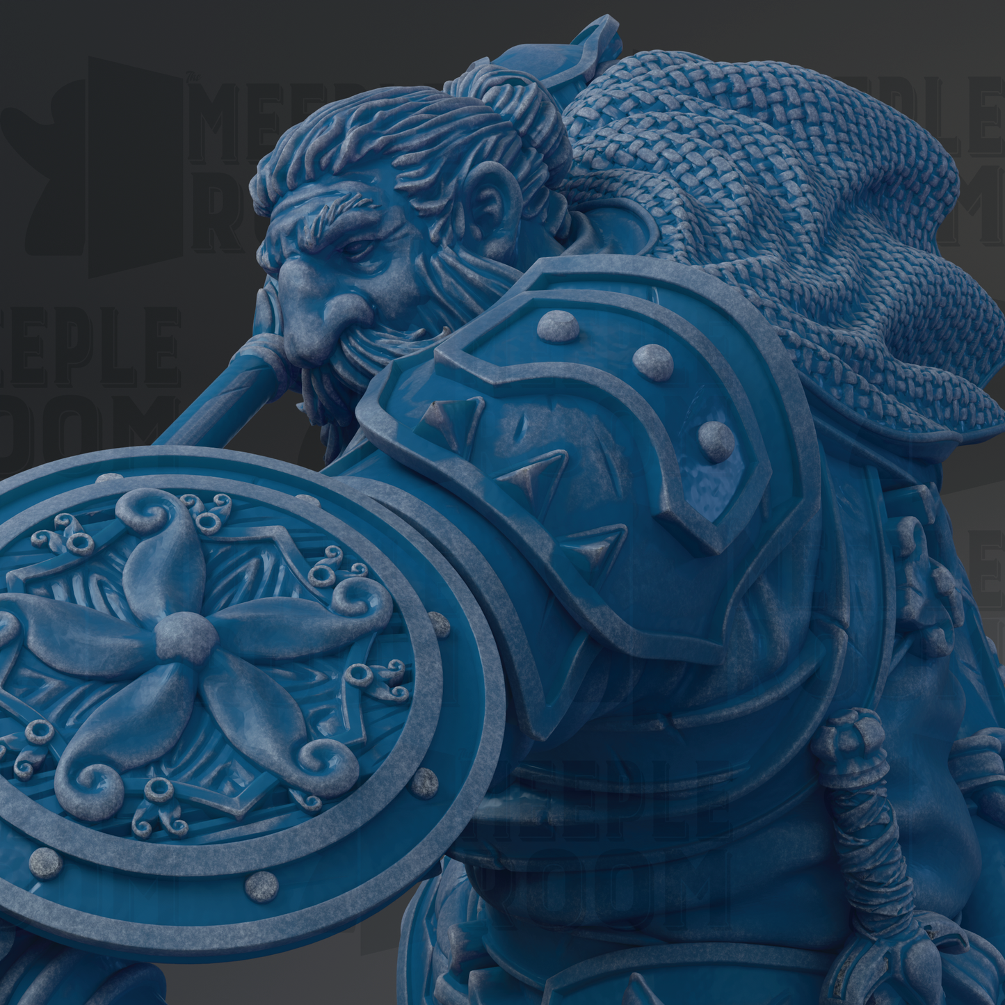 A detailed 3D rendering of a medieval-style warrior figure, with intricate armor and a detailed shield.