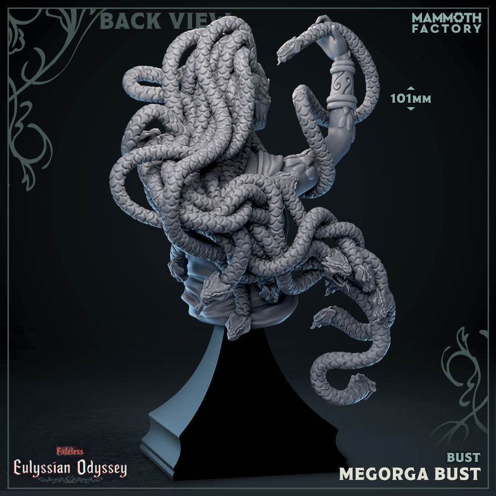 a figurine of a character named Megorga Bust, which is a bust of a character from the Eulysian Odyssey series. The figurine is shown from a back view, revealing its intricate details and design.
