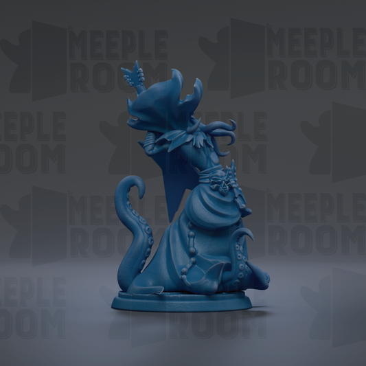 A blue, 3D-rendered figurine of a fantastical creature with a large head, long neck, and tentacles, set against a dark background with repeated text.