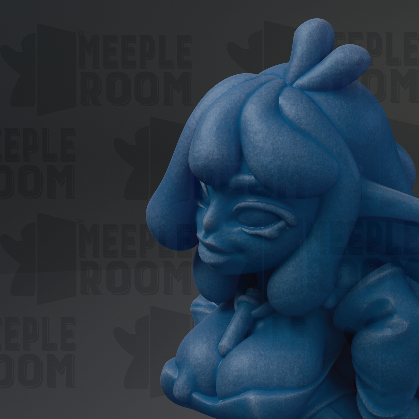 A close-up of a blue, abstract sculpture with a stylized face and flowing hair.