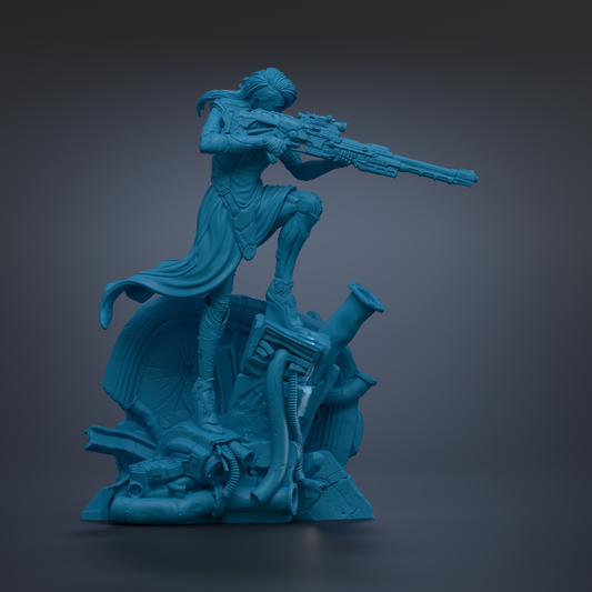 A 3D rendering of a female character holding a gun and standing on a platform with various mechanical and technological elements.