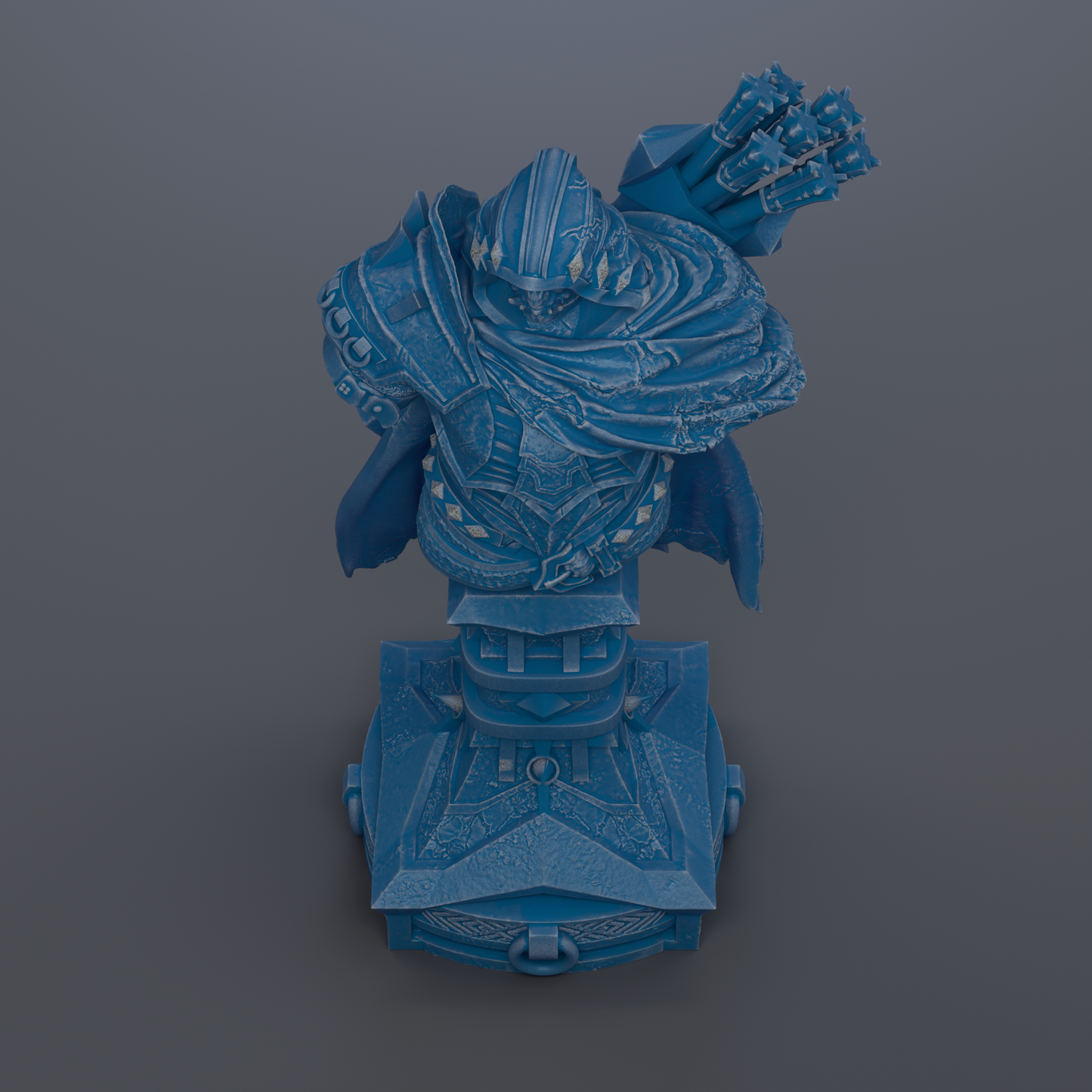 A blue, 3D-rendered statue of a warrior figure with a sword and shield, standing on a platform.