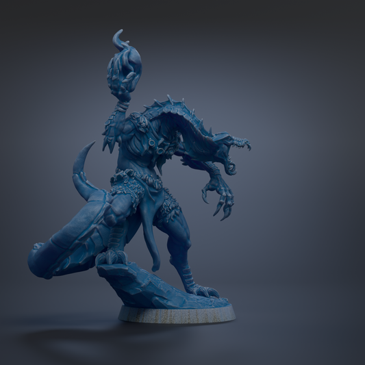 A blue, fantastical creature with sharp teeth and claws, standing on a rock and holding a weapon in its hand.