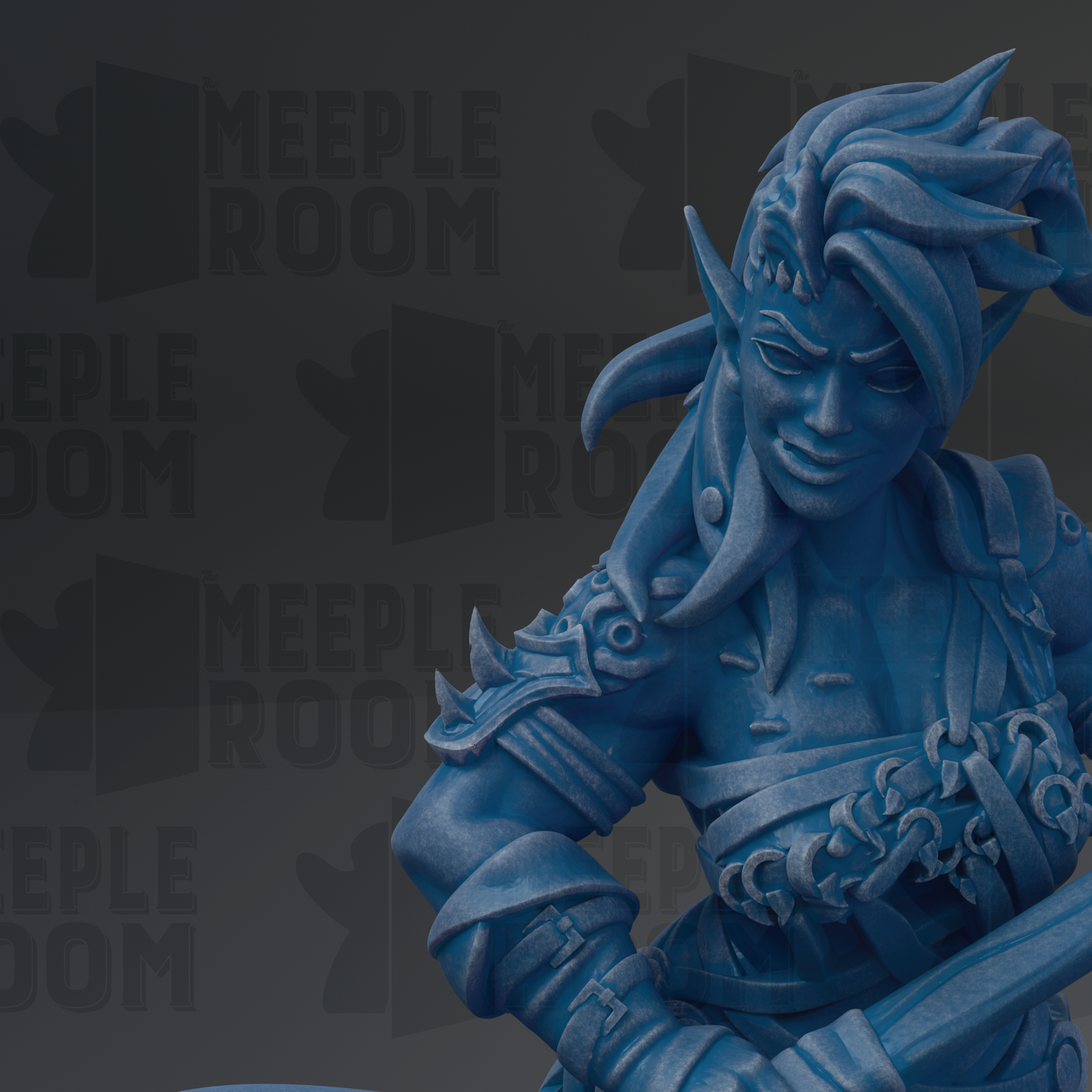 A close-up of a blue, detailed statue of a female character with intricate armor and a fierce expression.