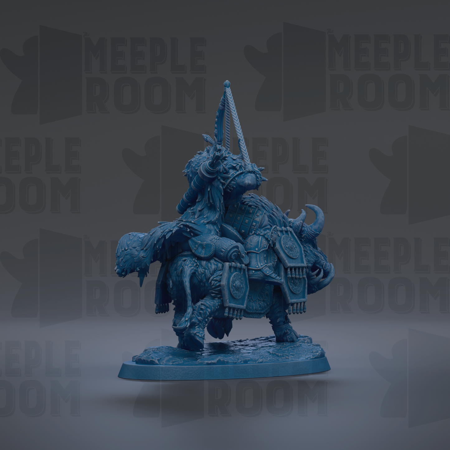 A 3D rendering of a blue, fantastical creature with a pointed head and ornate armor, standing on a platform.