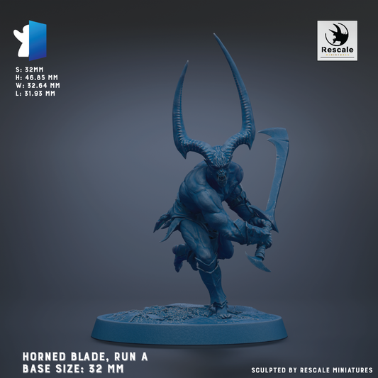 a horned blade, with the caption "Horned Blade, Run A Base Sizes: 32 mm" and the statement "Sculpted by Rescue Miniatures".