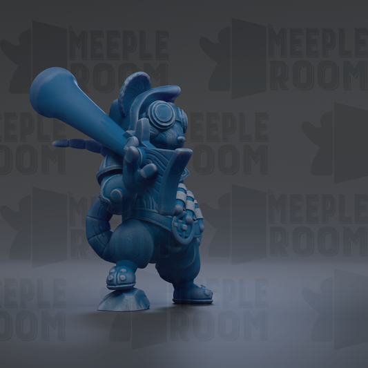 A blue, cartoonish figurine holding a large blue object, possibly a microphone or megaphone, against a dark background with repeated text.