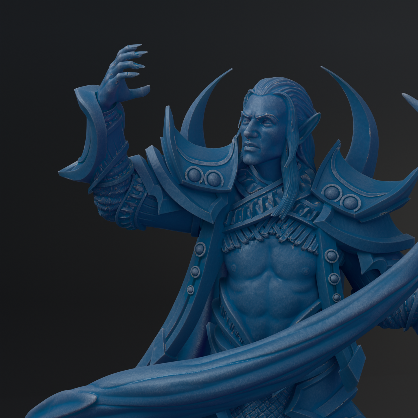 A blue, detailed statue of a warrior figure with a sword and shield, standing in a fighting stance.