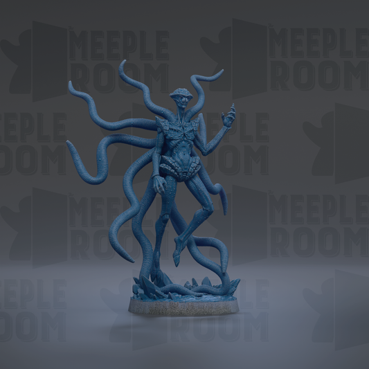 A blue, 3D-rendered statue of a fantastical creature with multiple tentacles, standing on a base and holding a weapon.