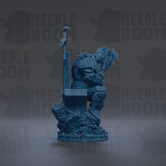 A blue statue of a warrior figure sitting on a throne, with the text "MEIPLLE ROOM" repeated in the background.