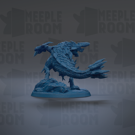 A blue, 3D-rendered dragon figurine is displayed against a dark background with repeated text.