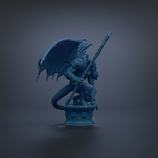A blue statue of a winged creature with a staff, standing on a pedestal against a dark background.