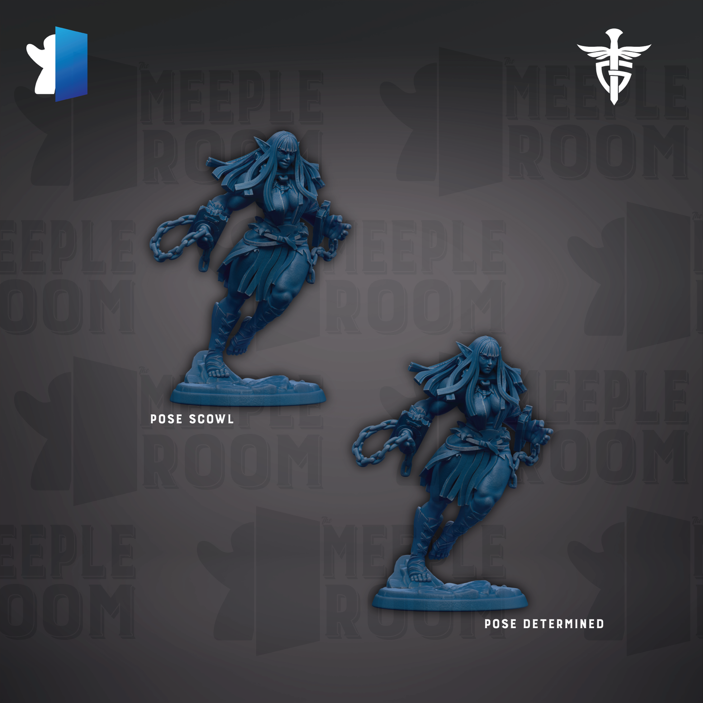 two blue figurines of a female character, each with a different pose, against a dark background with repeated text.