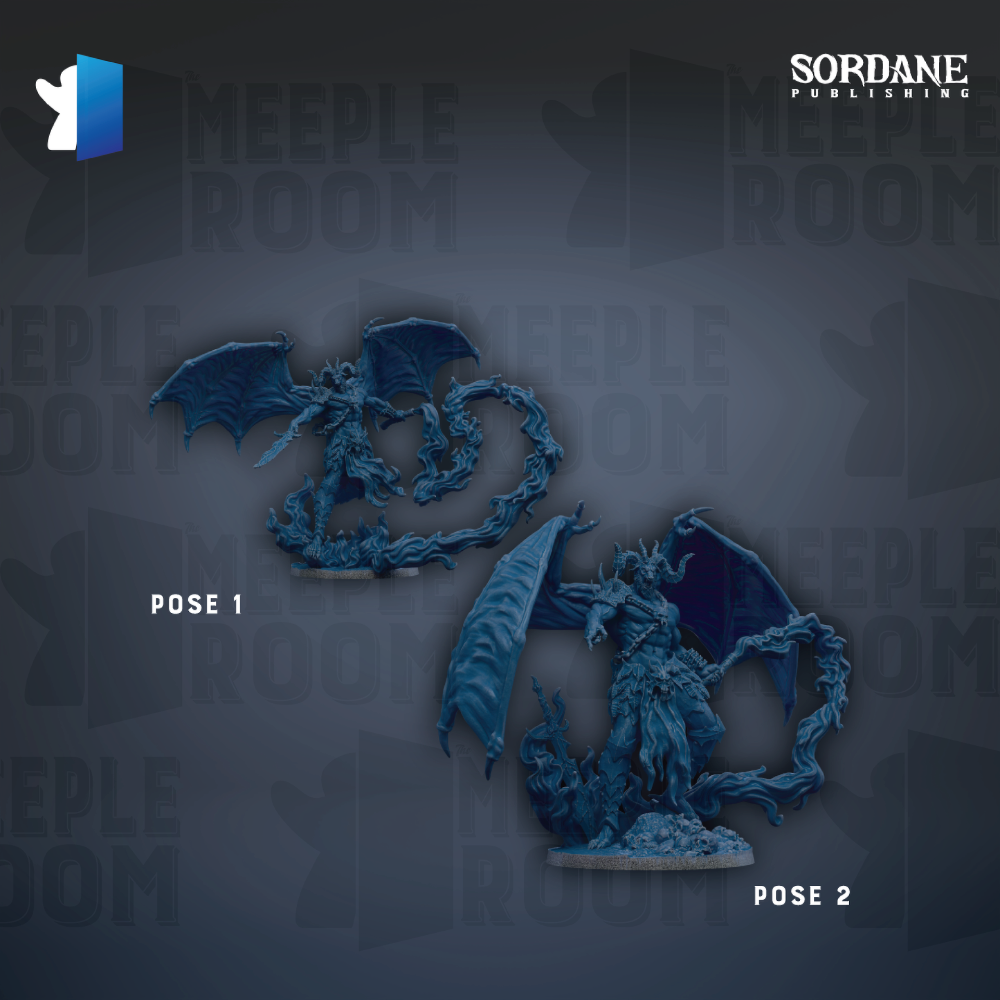two blue dragon figurines against a dark background, with the text "SORDANE PUBLISHING" and "MEEPLE ROOM" visible.