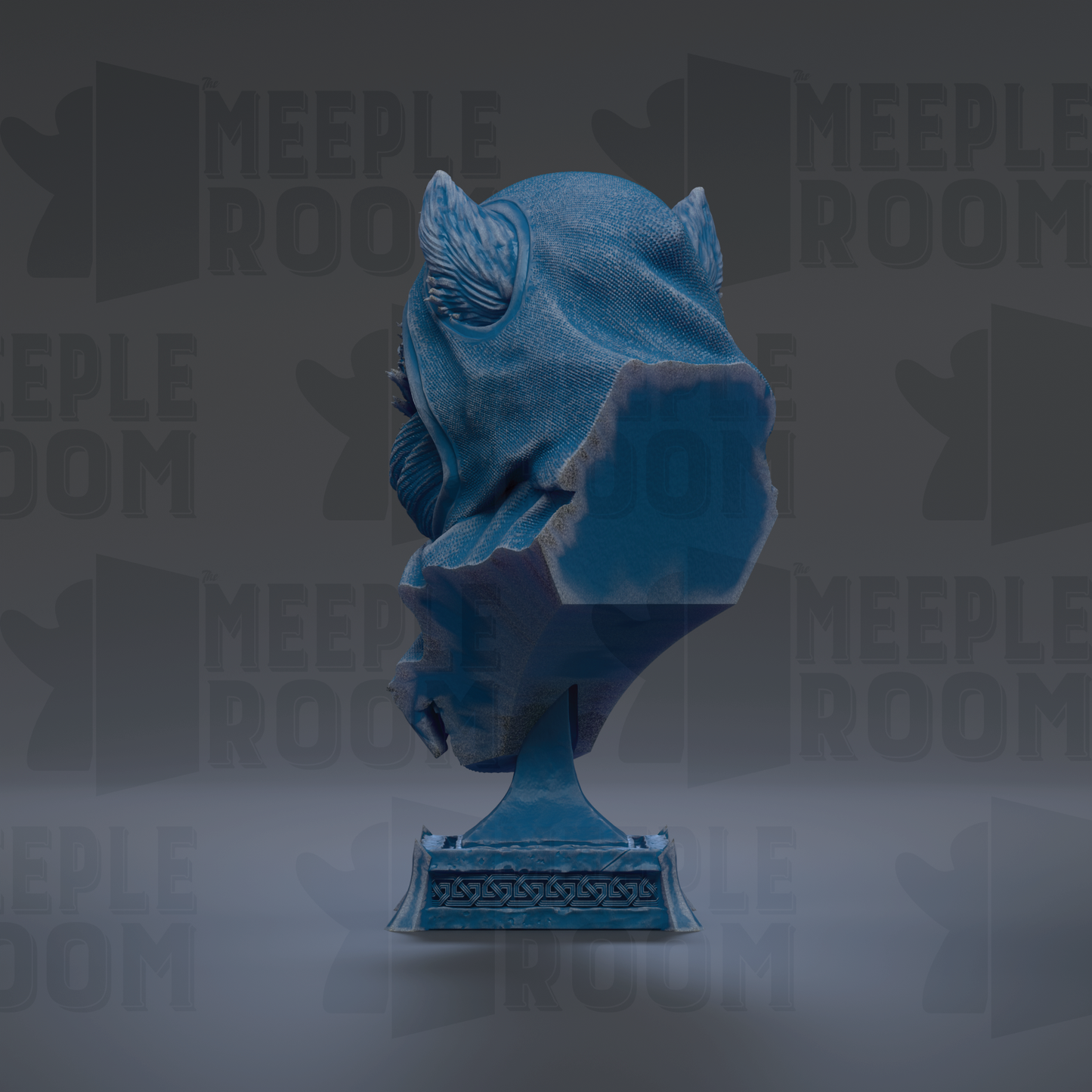 A blue bust sculpture is displayed against a dark background with repeated text.