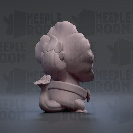 A 3D rendering of a small, pink-colored figurine with a flower-like shape on its head, sitting on a surface.