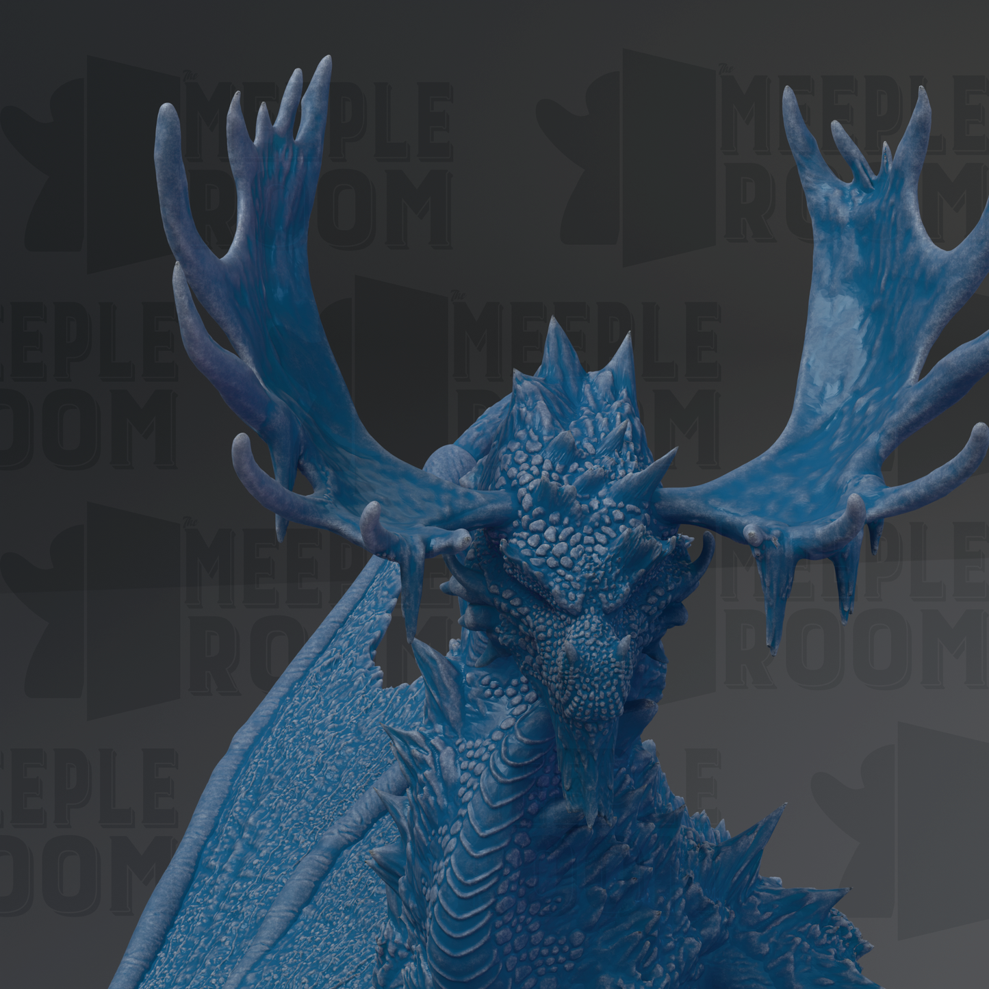 A close-up of a blue dragon statue with large antlers, set against a dark background with repeated text.