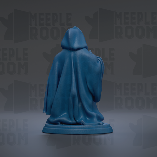 A blue statue of a hooded figure, possibly a deity or deity-like figure, is shown against a dark background with repeated text.
