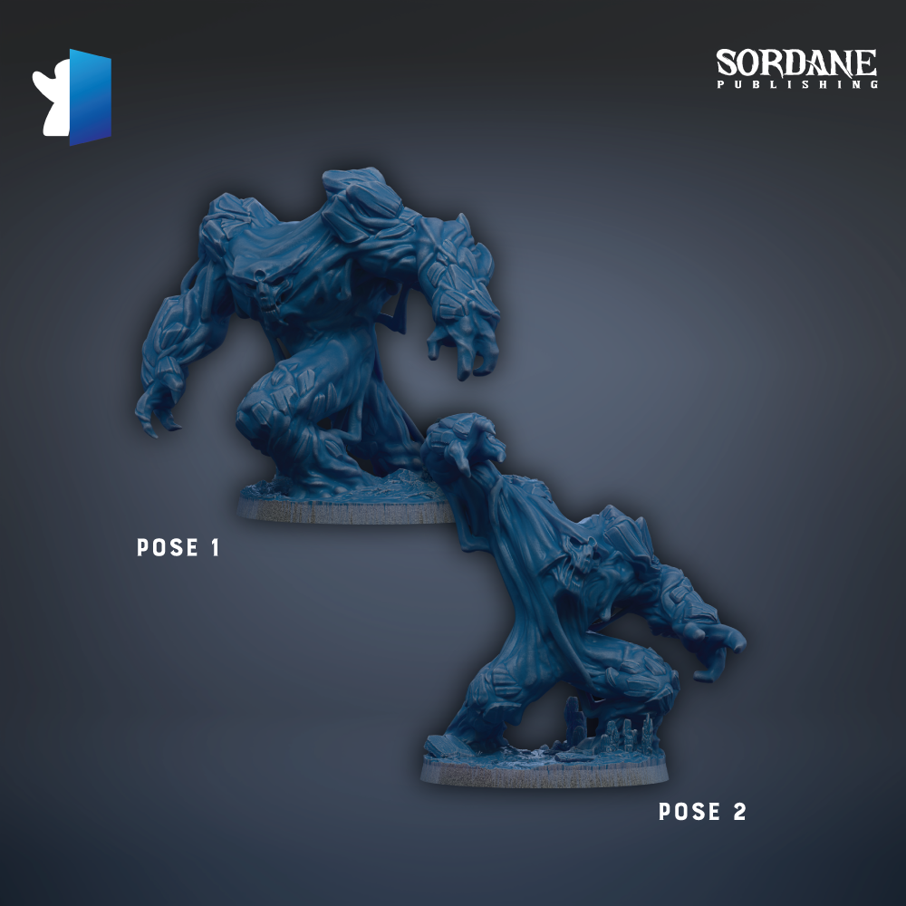 two blue figurines, one standing upright and the other in a crouching position, against a dark background.