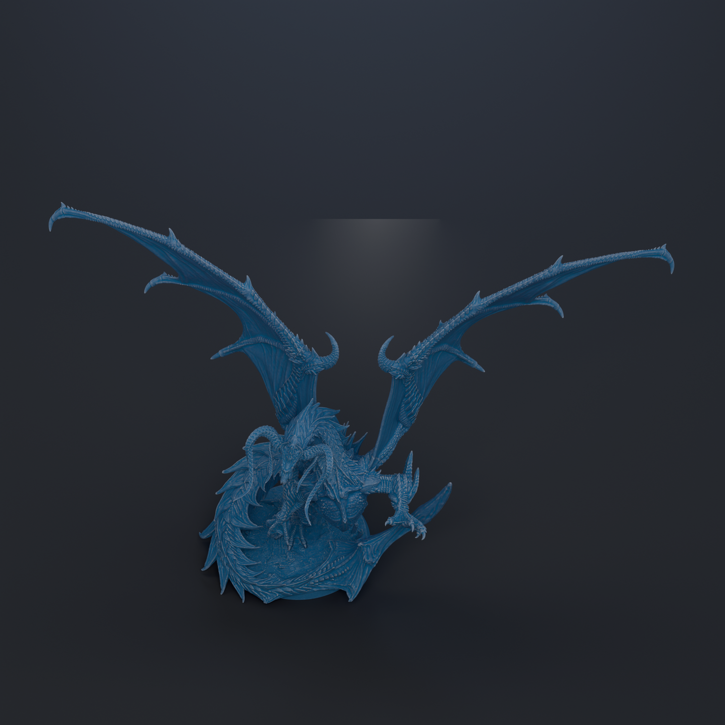 A blue dragon-like creature with sharp teeth and claws is depicted against a dark background.