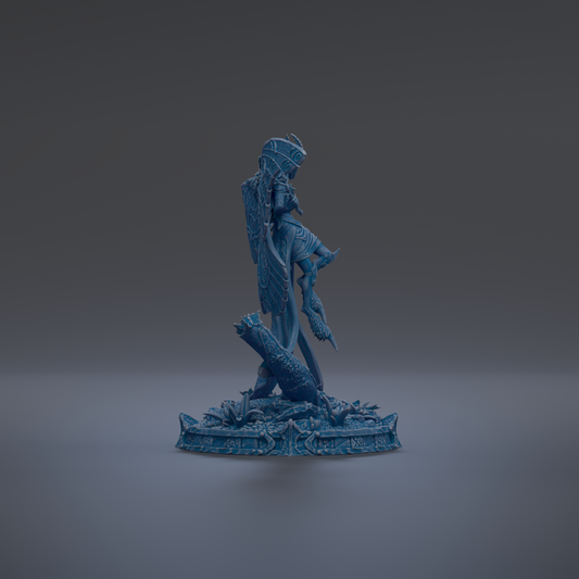 A 3D rendering of a blue statue of a figure standing on a pedestal against a dark background.
