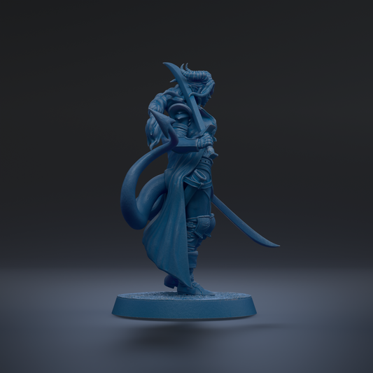 A blue, 3D-rendered statue of a figure holding a sword and shield, standing on a base.
