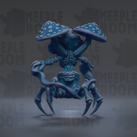 A blue, mushroom-like creature with sharp claws and a large head, standing on a gray surface against a dark background.