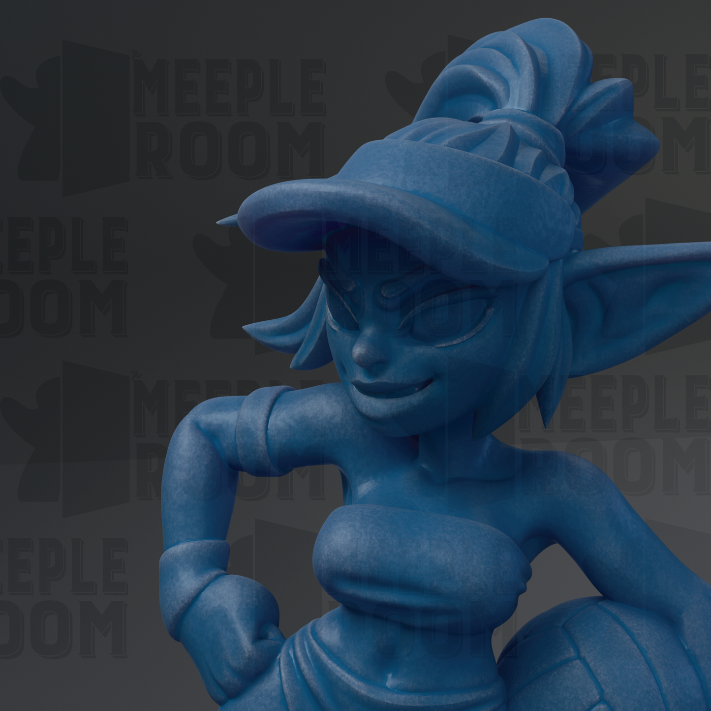 A close-up of a blue, cartoonish character with a large hat and a friendly expression, standing against a dark background with repeated text.