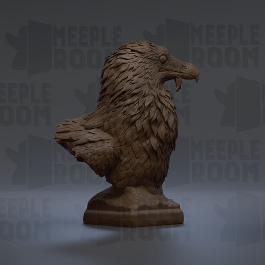 A 3D rendering of a bird statue, likely an eagle, with intricate feather details and a pointed beak.