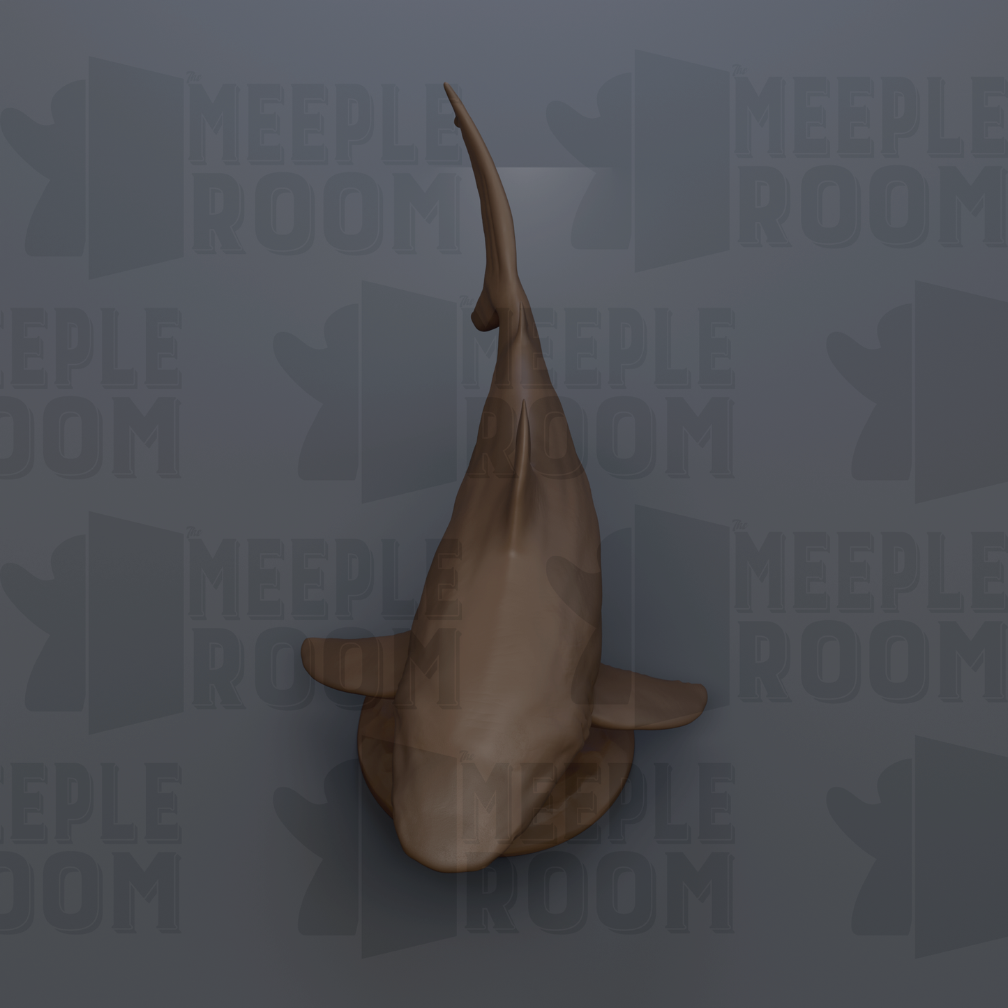 a shark with a dark brown color and a curved tail fin.