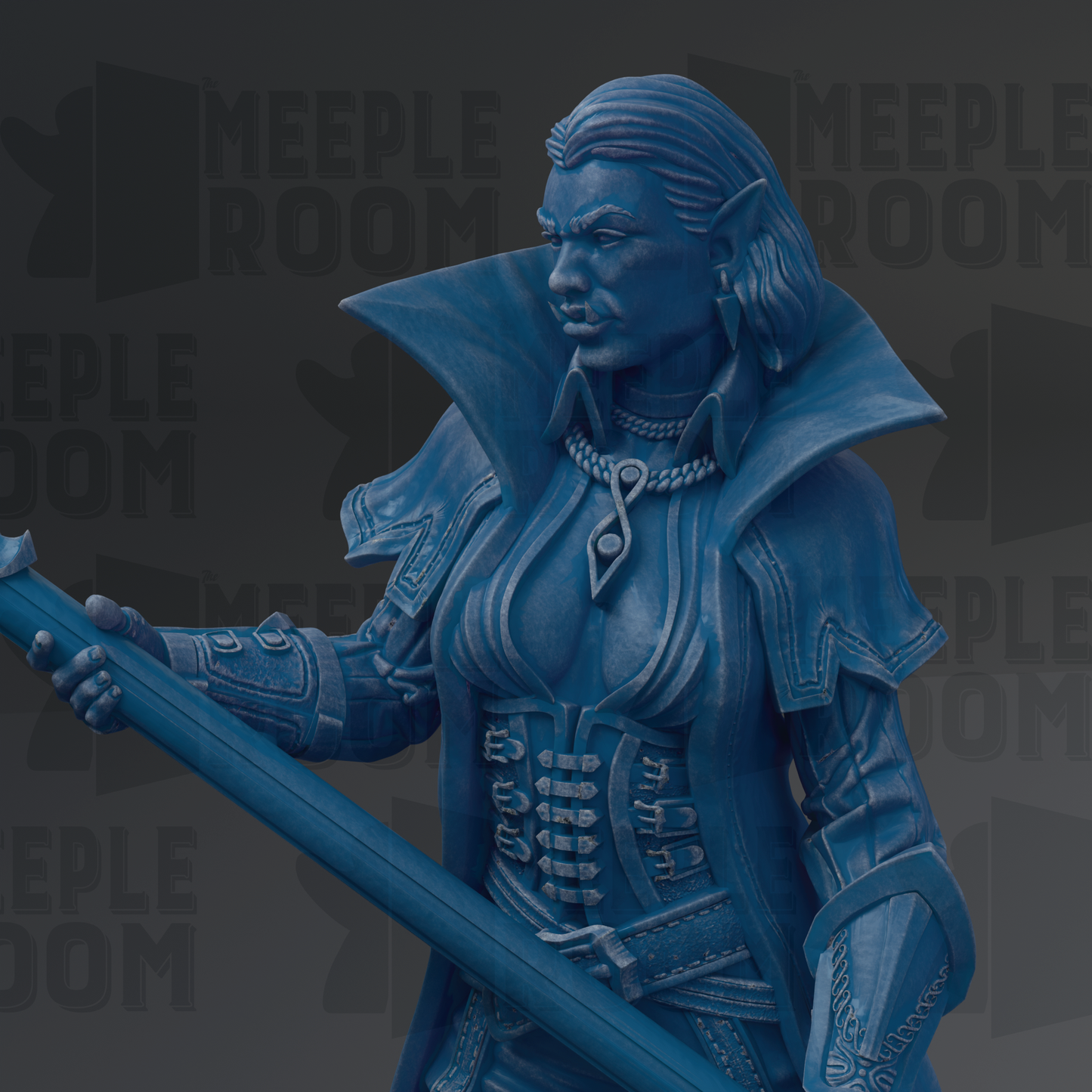 A close-up of a blue statue depicting a woman with a serious expression, holding a sword.