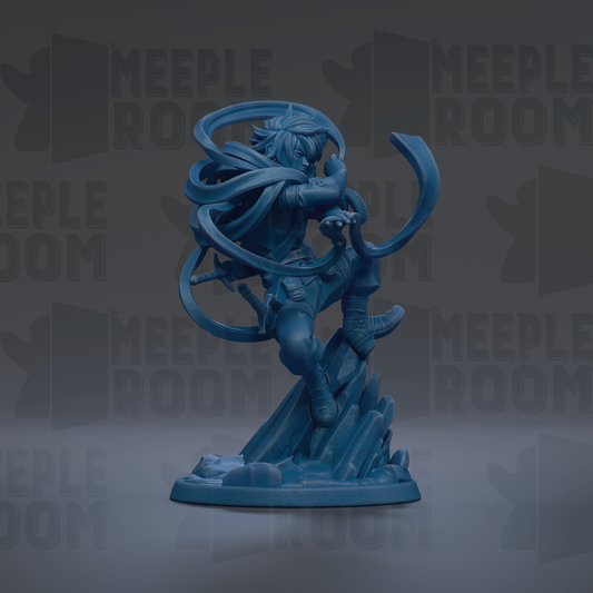 A blue figurine of a character with flowing hair and a sword, standing on a rock formation against a dark background with repeated text.