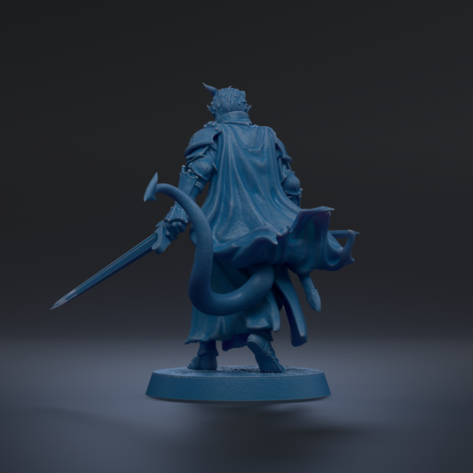A 3D rendering of a blue-colored statue depicting a figure with a flowing cape and holding a sword.