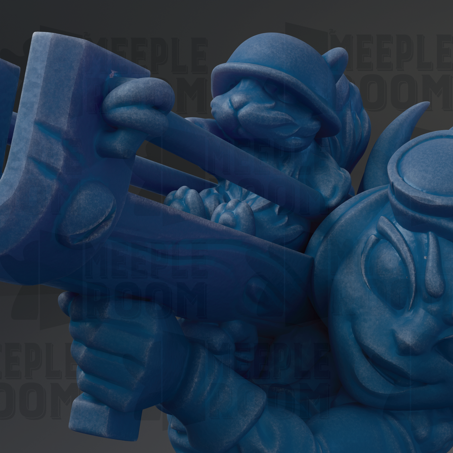 A close-up of a blue toy soldier holding a toy gun, with the background blurred.