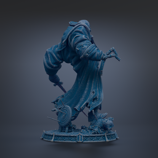 A dark blue, 3D-rendered statue of a figure wielding a sword and shield, standing on a base with a shield and spear.
