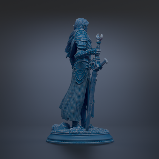 A blue statue of a warrior figure holding a sword and shield, standing on a base.
