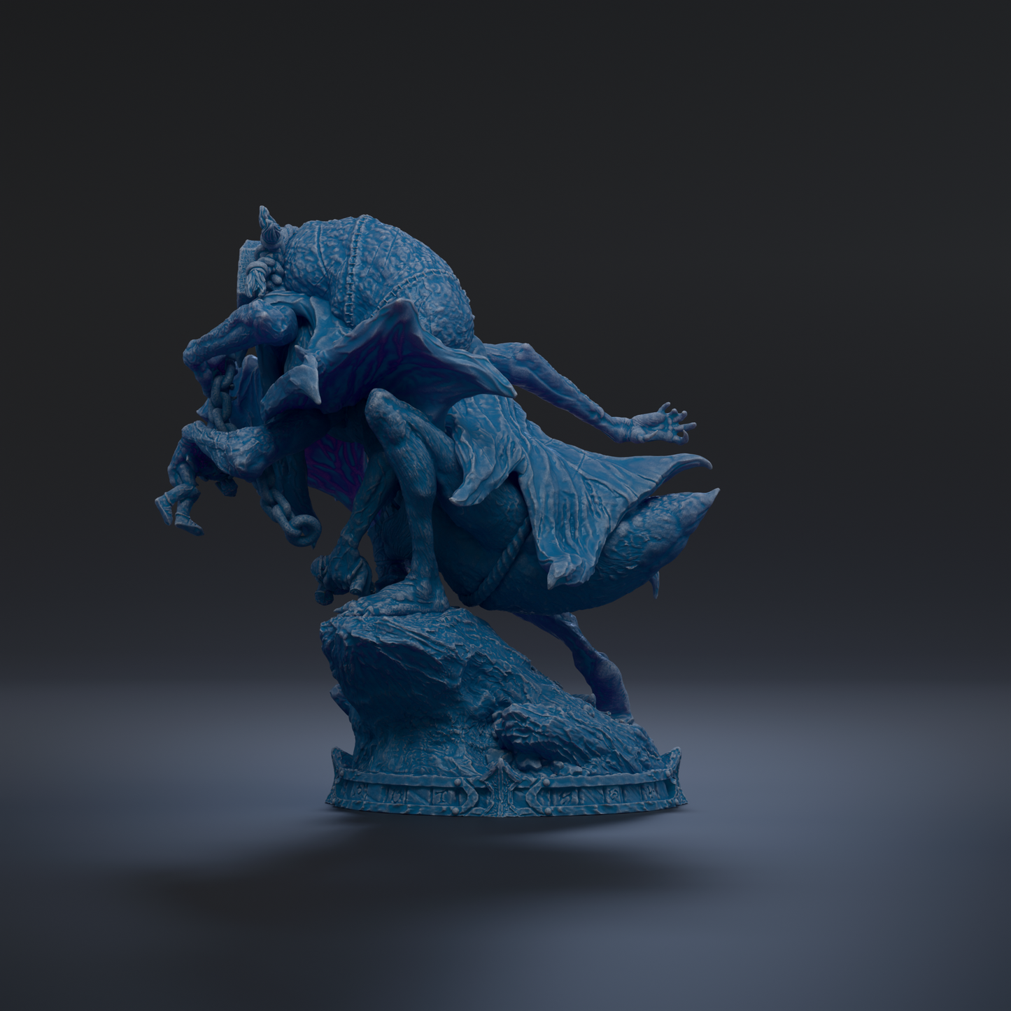 A 3D rendering of a blue, fantastical creature with a large head and extended arms, standing on a rock formation against a dark background.