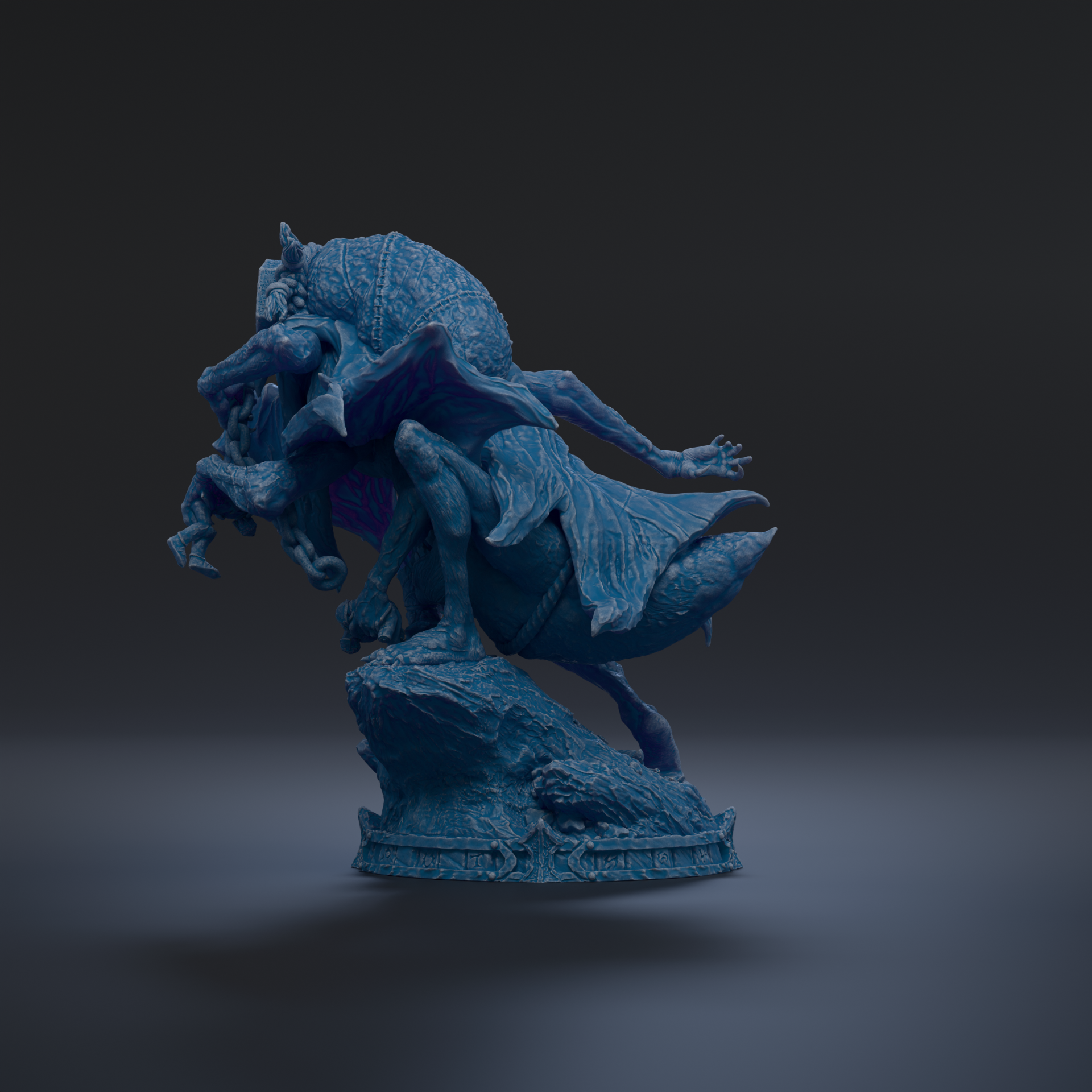 A 3D rendering of a blue, fantastical creature with a large head and extended arms, standing on a rock formation against a dark background.
