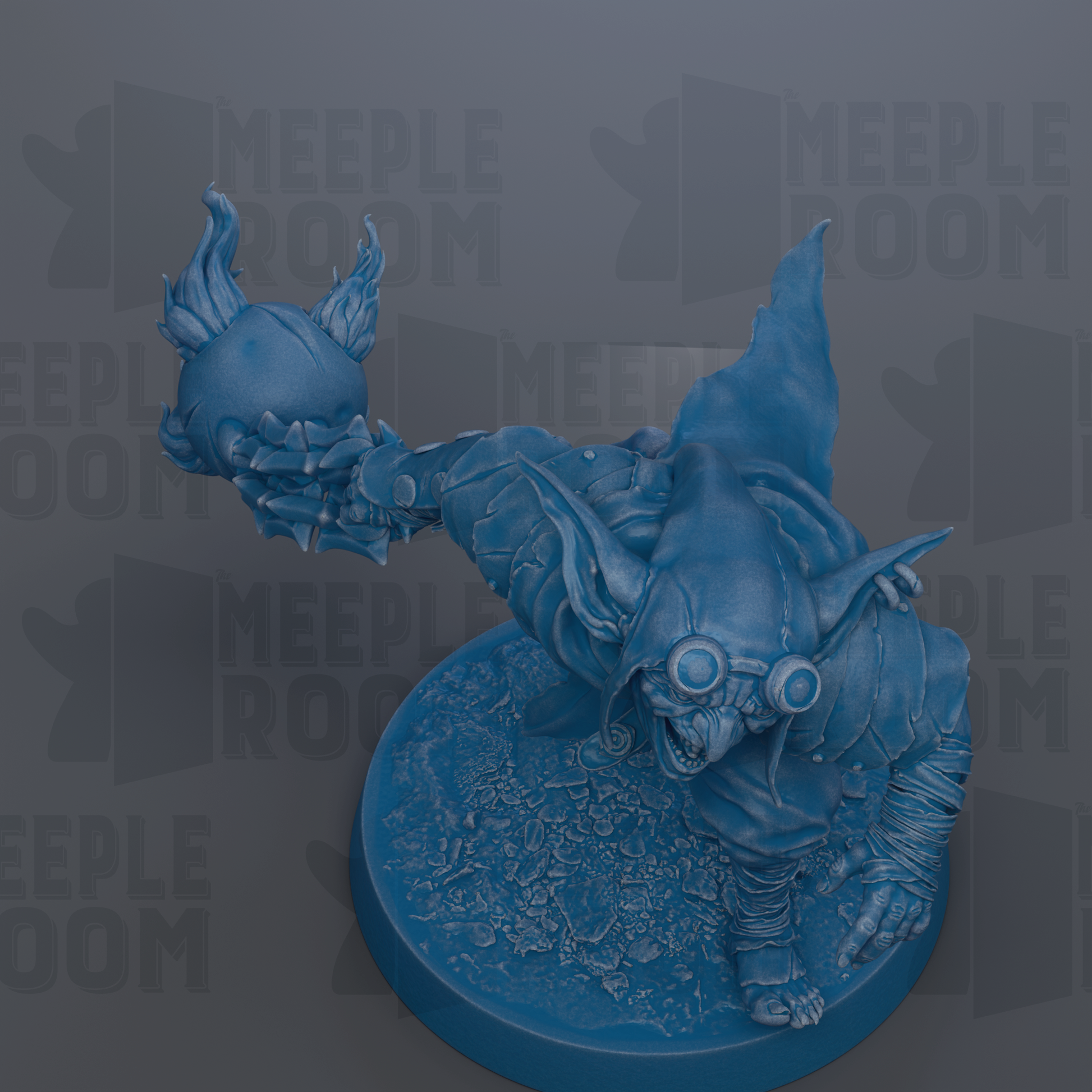 A blue figurine of a creature with horns and a large head, holding a small object in its hand.