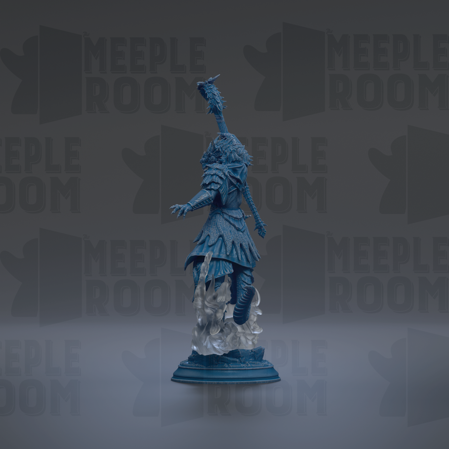 A blue statue of a figure with a raised head and outstretched arms, standing on a pedestal against a dark background with repeated text.