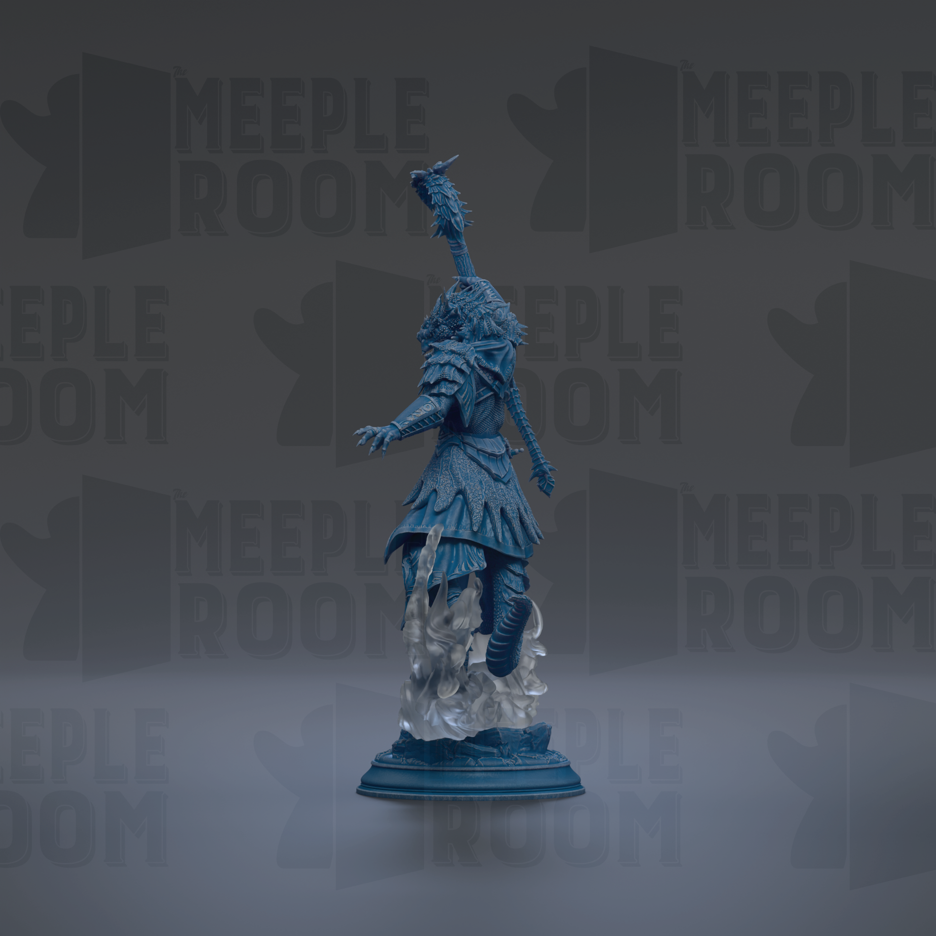 A blue statue of a figure with a raised head and outstretched arms, standing on a pedestal against a dark background with repeated text.