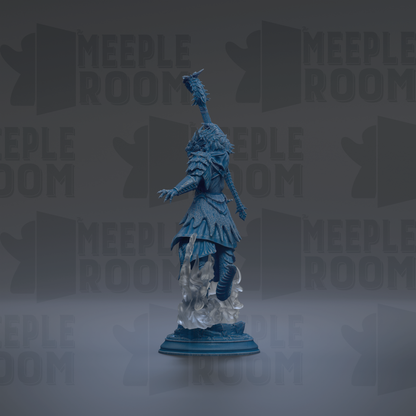 A blue statue of a figure with a raised head and outstretched arms, standing on a pedestal against a dark background with repeated text.