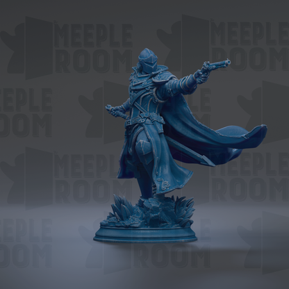 A blue statue of a warrior figure with a flowing cape and sword, standing on a base with a plant-like decoration.